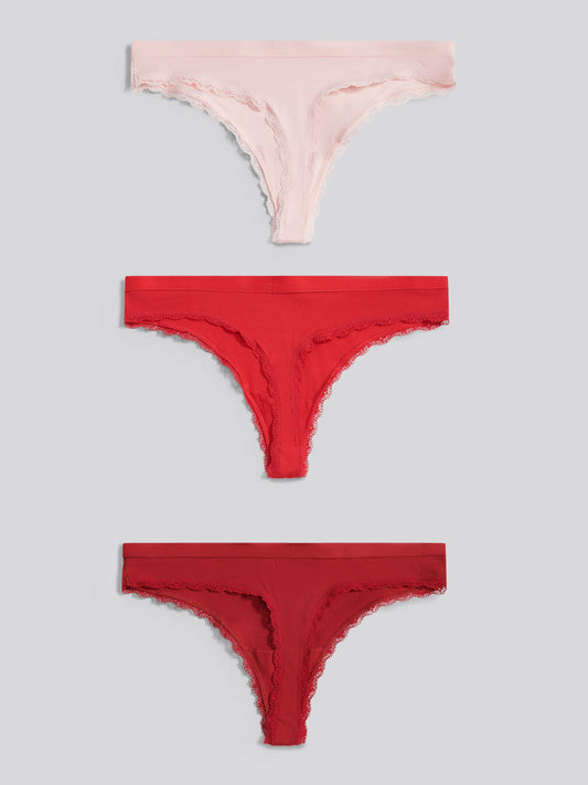 Womens 3 Pack Lace Trim Rib Thong in Pink Dogwood