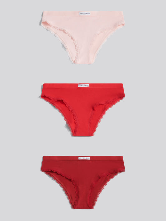 Womens 3 Pack Lace Trim Bikini Brief in Pink Dogwood