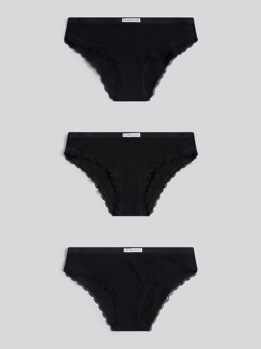 Womens 3 Pack Lace Trim Bikini Brief in Black/Black