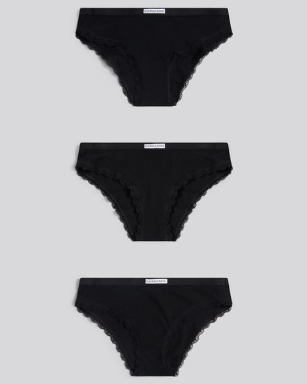 Womens 3 Pack Lace Trim Bikini Brief in Black/Black