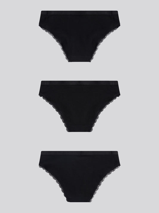 Womens 3 Pack Lace Trim Bikini Brief in Black/Black