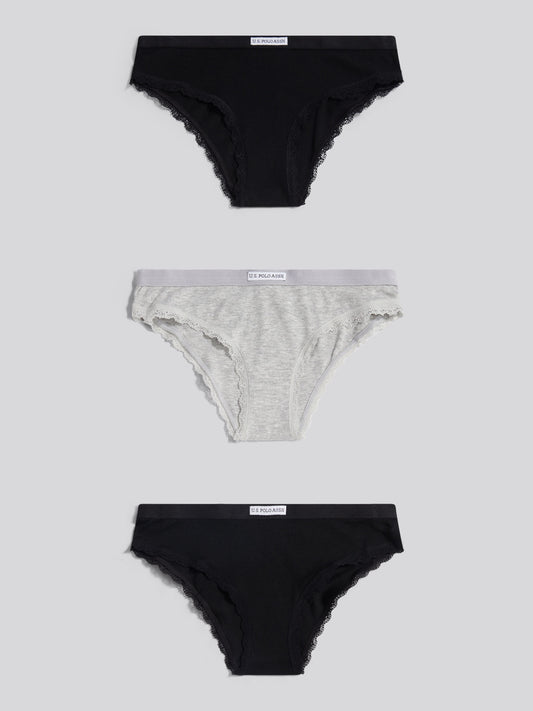 Womens 3 Pack Lace Trim Bikini Brief in Pearl Grey Marl