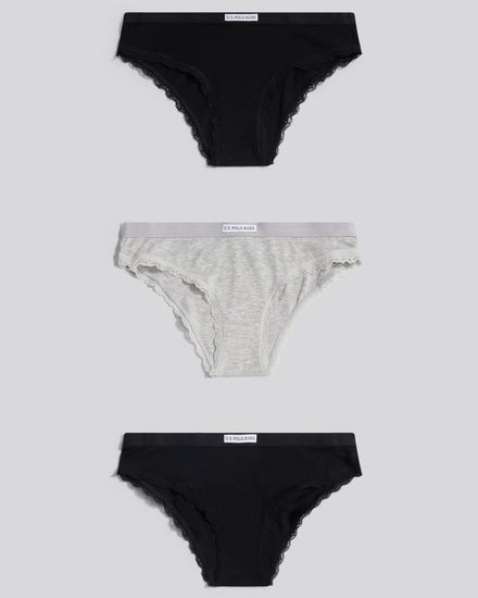 Womens 3 Pack Lace Trim Bikini Brief in Pearl Grey Marl