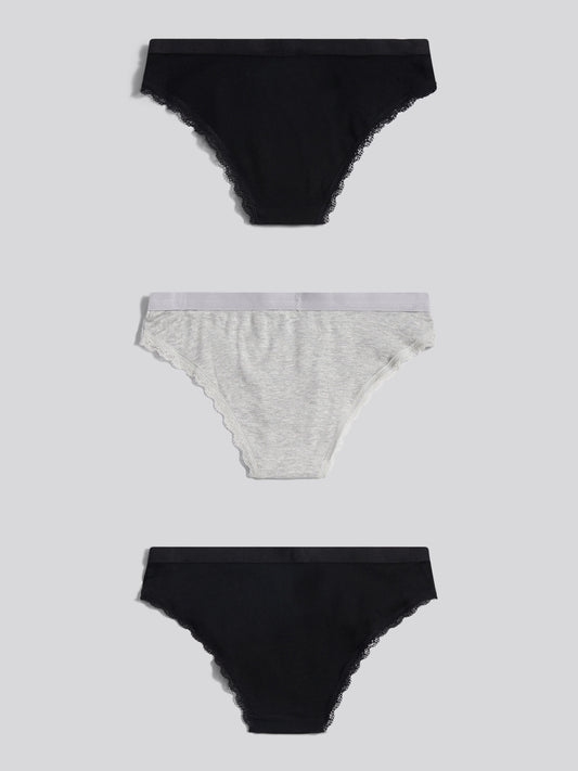 Womens 3 Pack Lace Trim Bikini Brief in Pearl Grey Marl