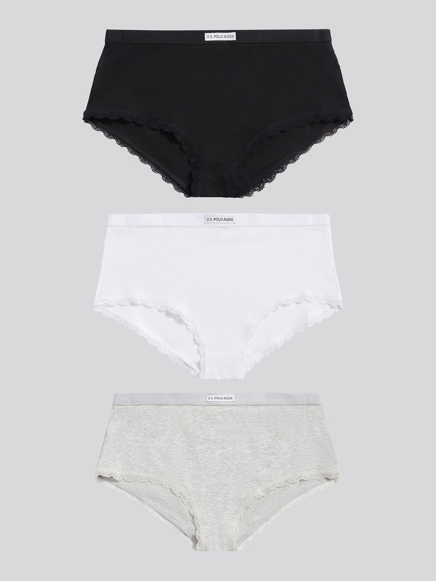 Womens 3 Pack Lace Trim Rib Shortie in Black / White / Grey