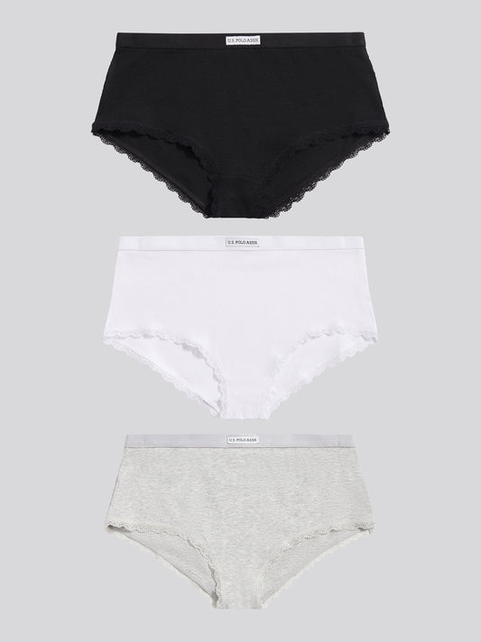 Womens 3 Pack Lace Trim Rib Shortie in Black / White / Grey