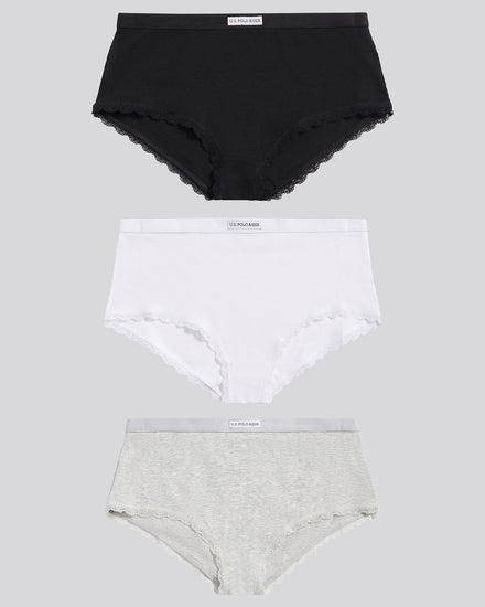 Womens 3 Pack Lace Trim Rib Shortie in Black / White / Grey