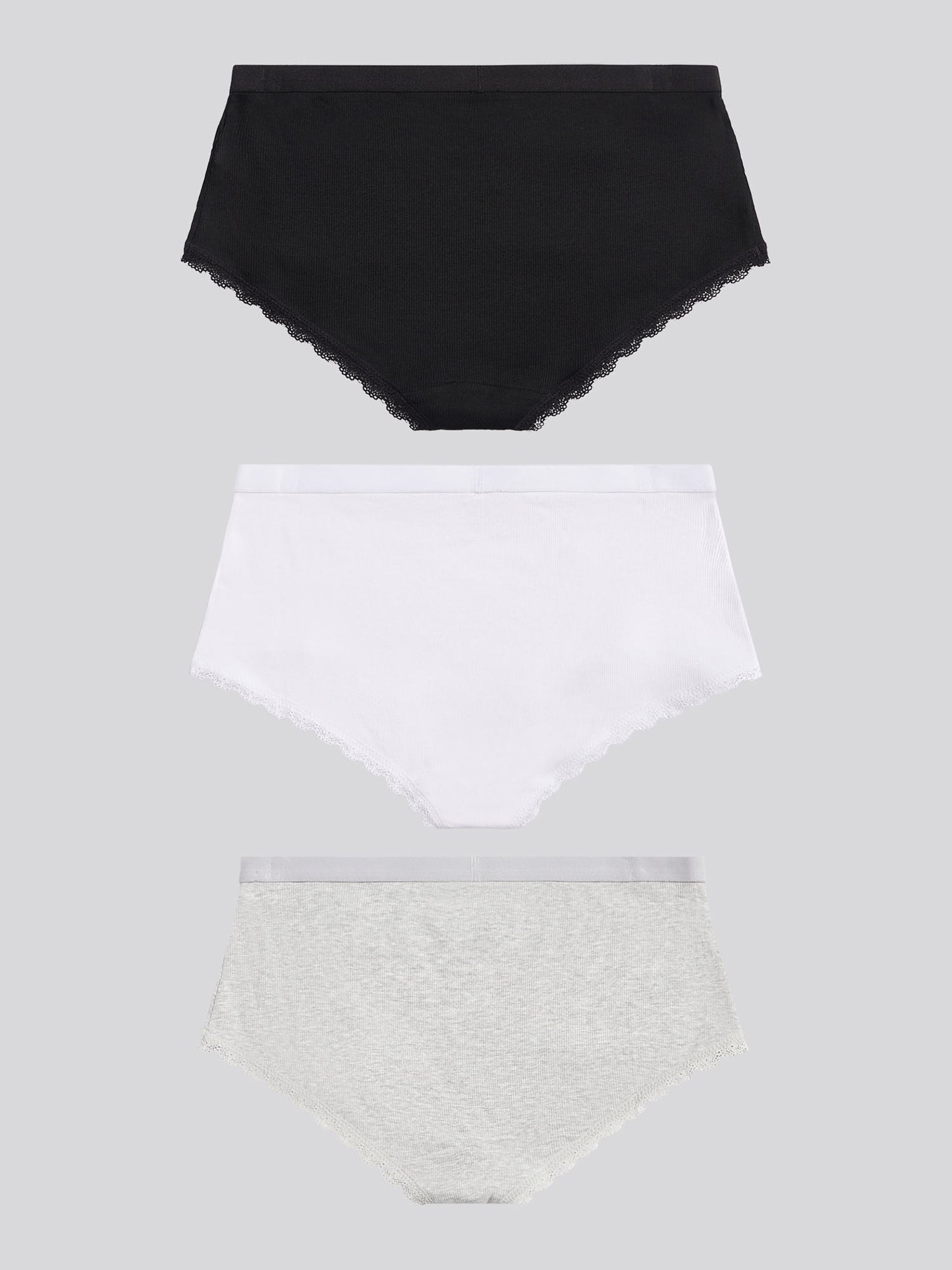 Womens 3 Pack Lace Trim Rib Shortie in Black / White / Grey