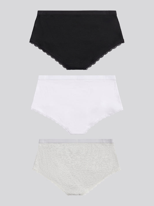 Womens 3 Pack Lace Trim Rib Shortie in Black / White / Grey