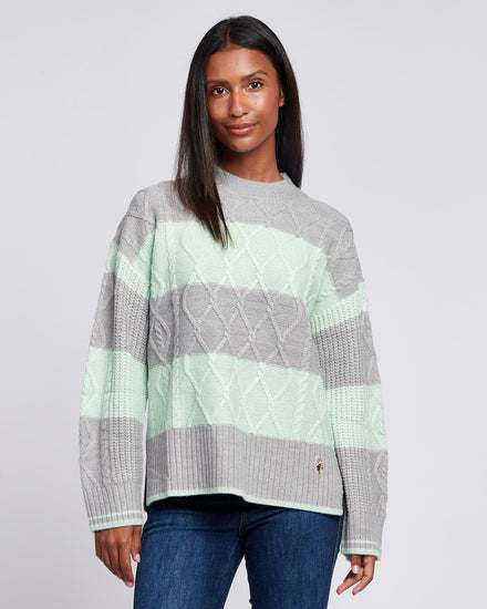 Womens Mixed Cable Stripe Jumper in Surf Spray