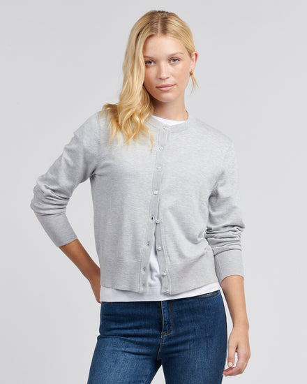 Womens Fine Knit Cardigan. Crafted in Pearl Grey Marl