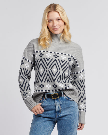 Womens Large Fairisle Jumper in Pearl Grey Marl