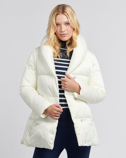 Womens Wrap Collar Belted Puffer Coat in Marshmallow