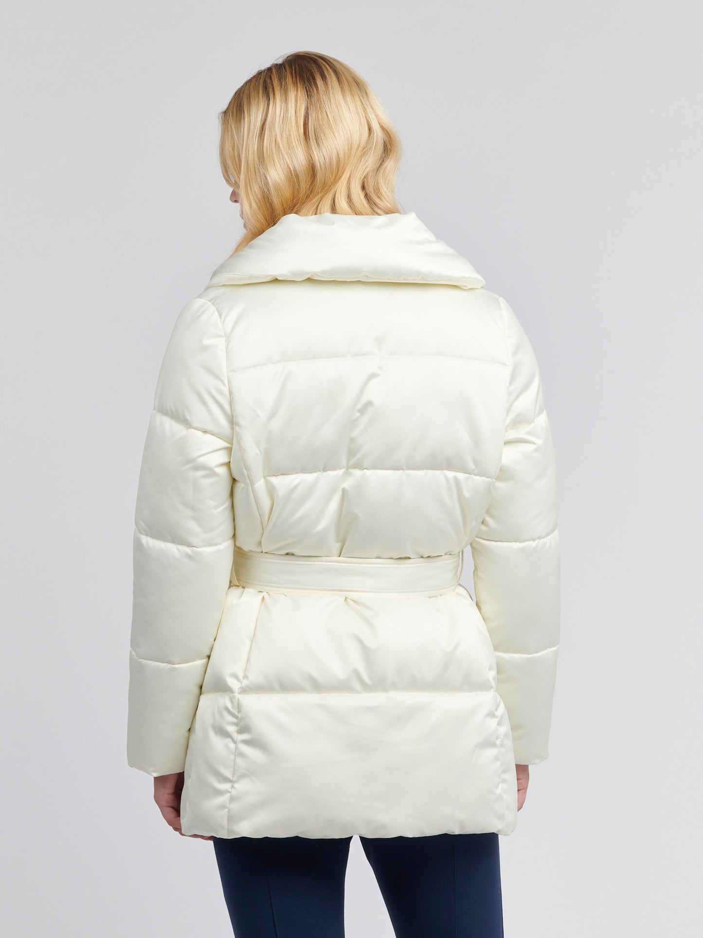 Womens Wrap Collar Belted Puffer Coat in Marshmallow