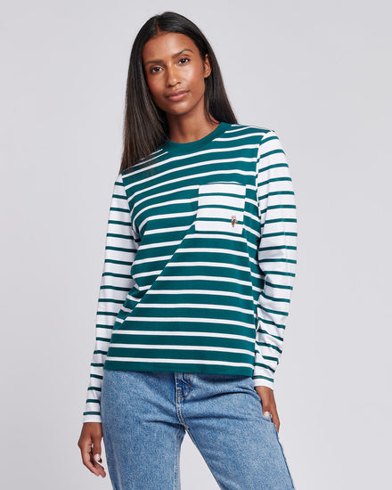 Womens Mixed Stripe Long Sleeve T-Shirt in Deep Teal