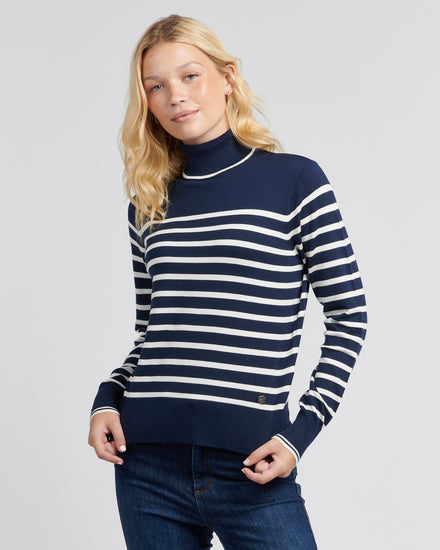 Womens Striped Roll Neck Fine Knit Jumper in Navy Iris