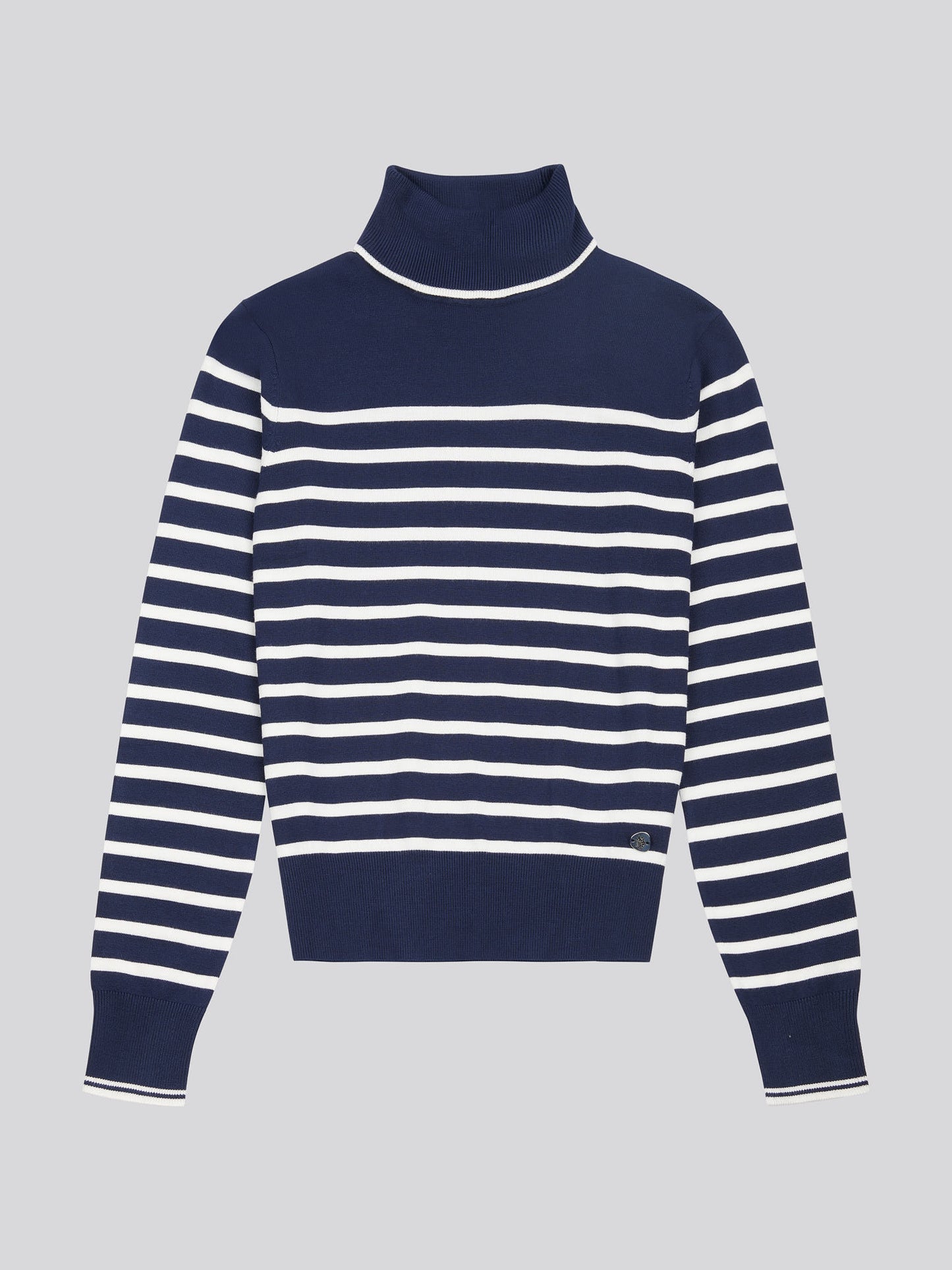 Womens Striped Roll Neck Fine Knit Jumper in Navy Iris