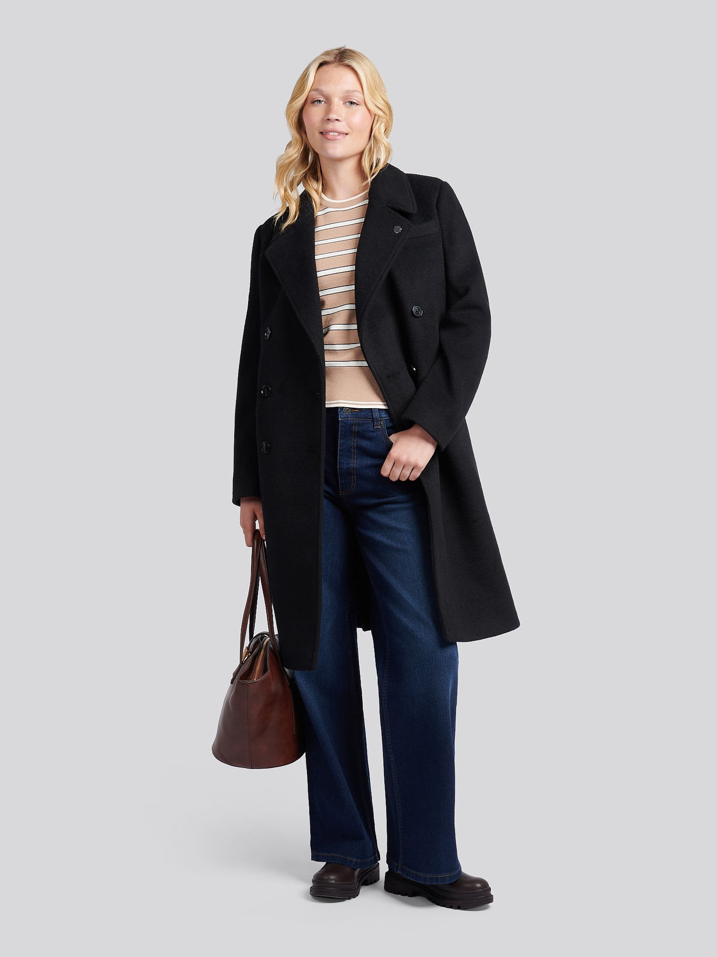 Womens Wool Blend Double Breasted Coat in Black