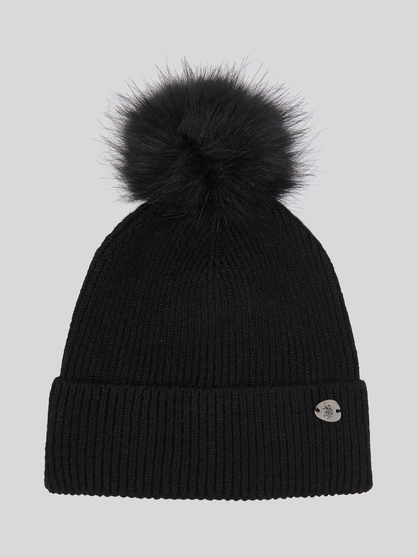 Womens Lurex Fur Bobble Beanie in Black