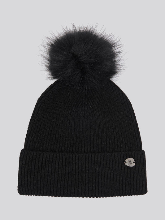 Womens Lurex Fur Bobble Beanie in Black