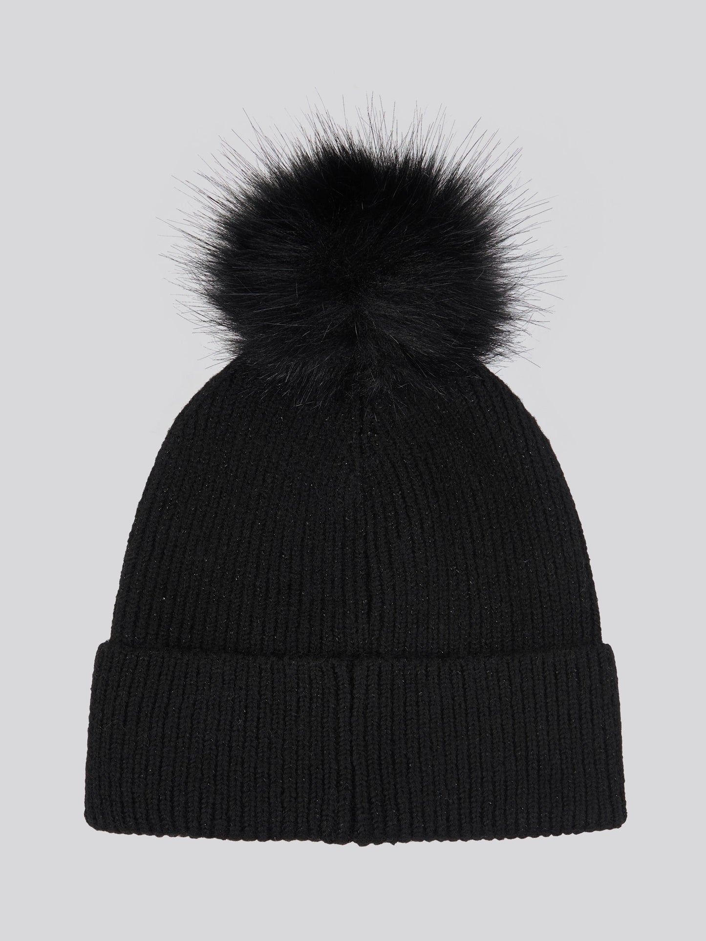 Womens Lurex Fur Bobble Beanie in Black