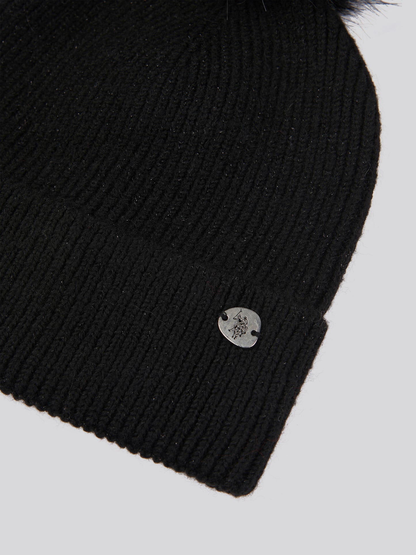 Womens Lurex Fur Bobble Beanie in Black
