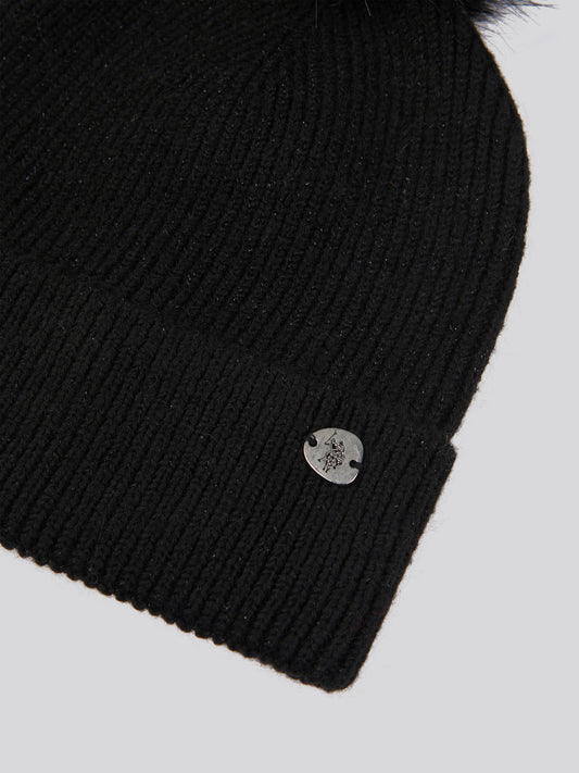 Womens Lurex Fur Bobble Beanie in Black