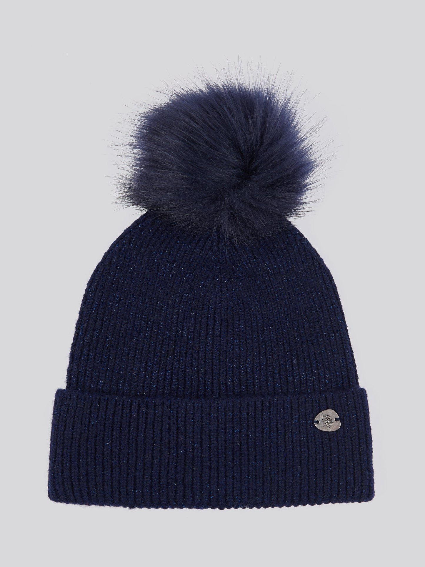 Womens Lurex Fur Bobble Beanie in Navy Iris