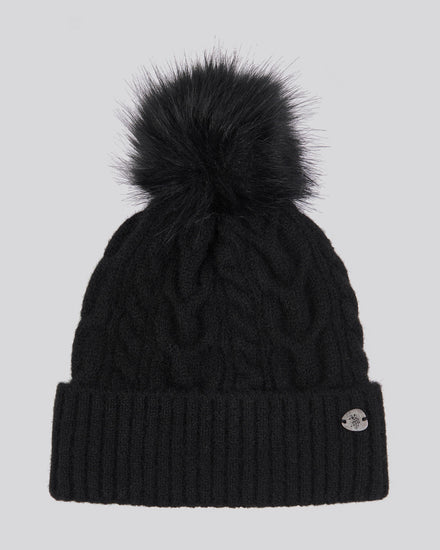 Womens Cable Knit Fur Bobble Beanie in Black