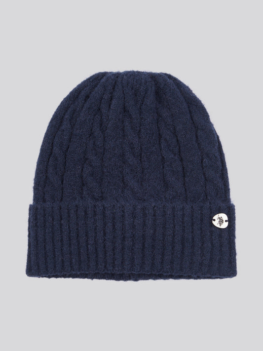 Womens Signature Cable Knit Beanie in Navy Iris