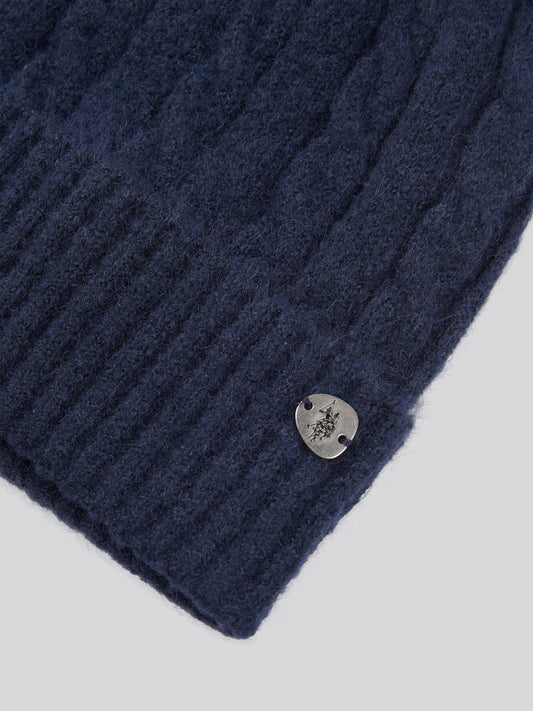 Womens Signature Cable Knit Beanie in Navy Iris