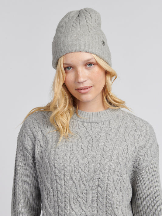 Womens Signature Cable Knit Beanie Pearl Grey Marl