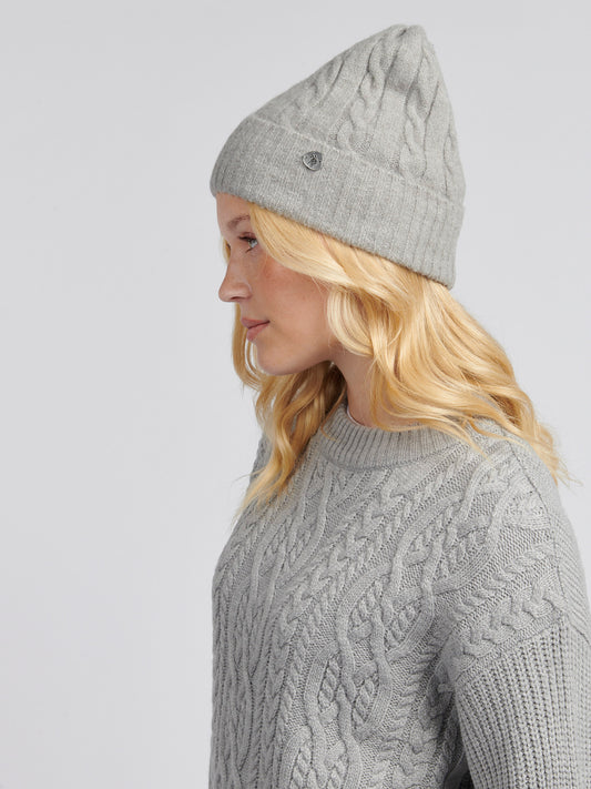 Womens Signature Cable Knit Beanie Pearl Grey Marl