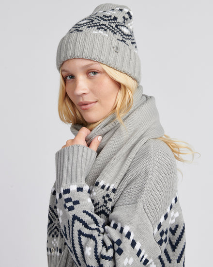 Womens Fair Isle Beanie & Scarf Set in Pearl Grey Marl