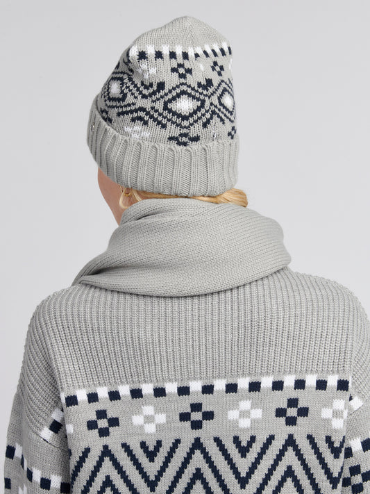 Womens Fair Isle Beanie & Scarf Set in Pearl Grey Marl