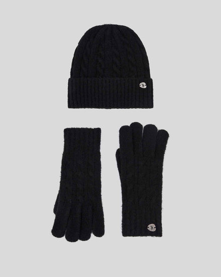 Womens Signature Cable Knit Beanie & Gloves Set in Black
