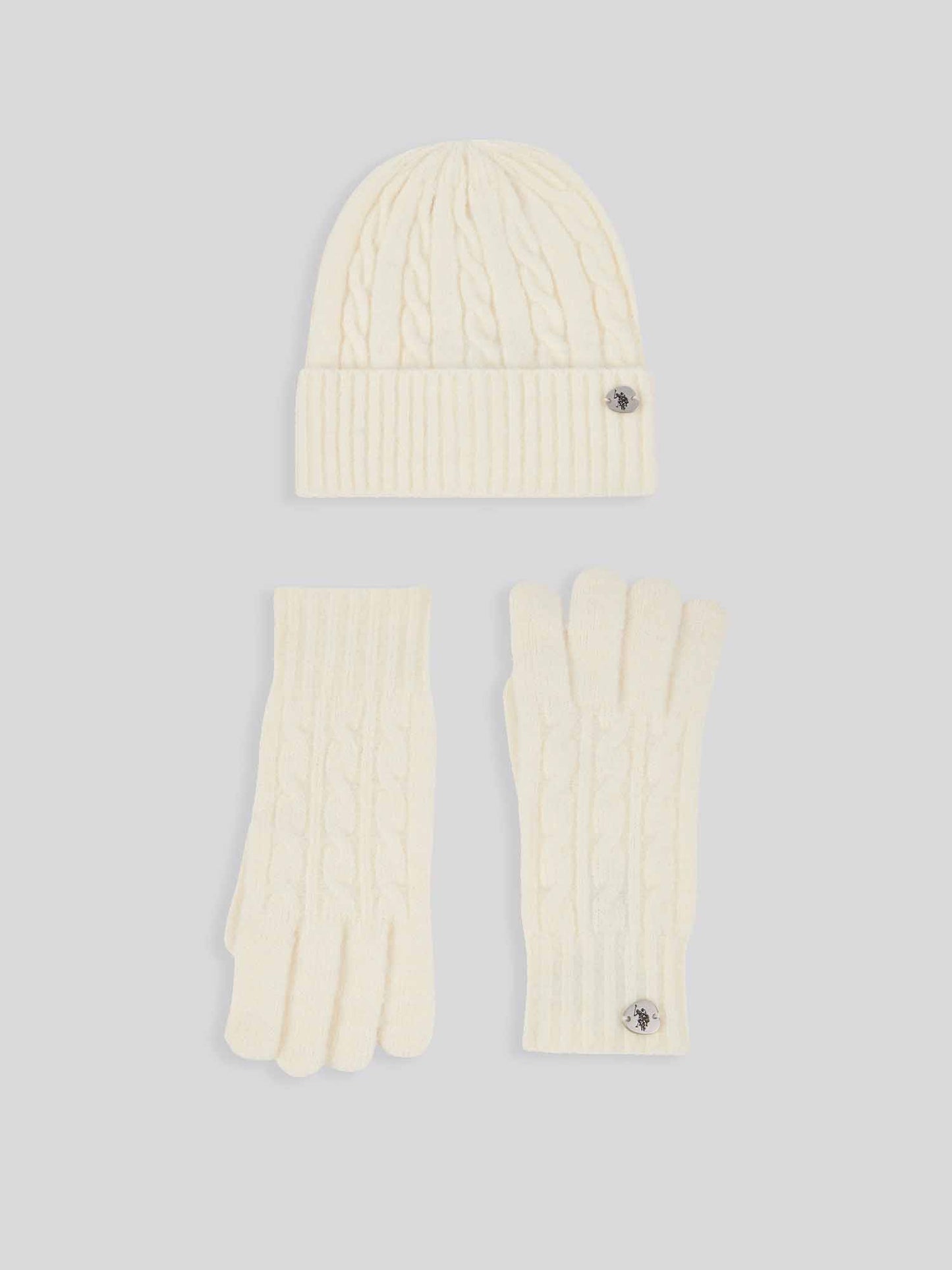 Womens Signature Cable Knit Beanie & Gloves Set in Marshmallow