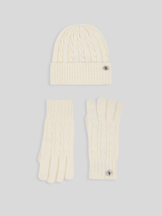 Womens Signature Cable Knit Beanie & Gloves Set in Marshmallow
