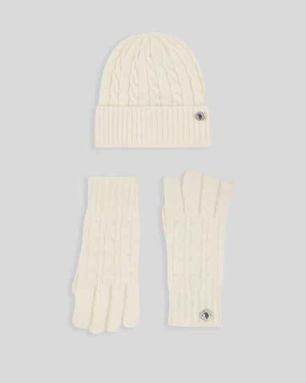 Womens Signature Cable Knit Beanie & Gloves Set in Marshmallow