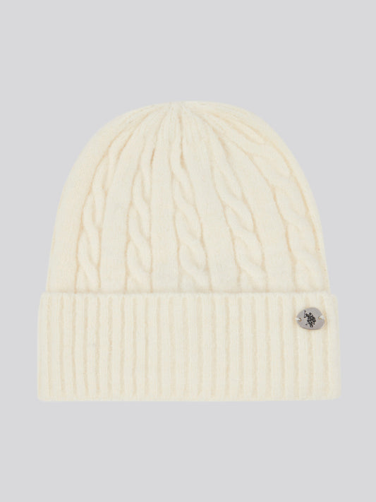 Womens Signature Cable Knit Beanie & Gloves Set in Marshmallow