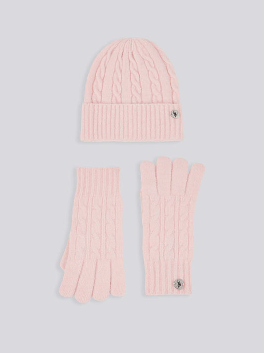 Womens Signature Cable Knit Beanie & Gloves Set in Crystal Rose