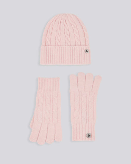 Womens Signature Cable Knit Beanie & Gloves Set in Crystal Rose