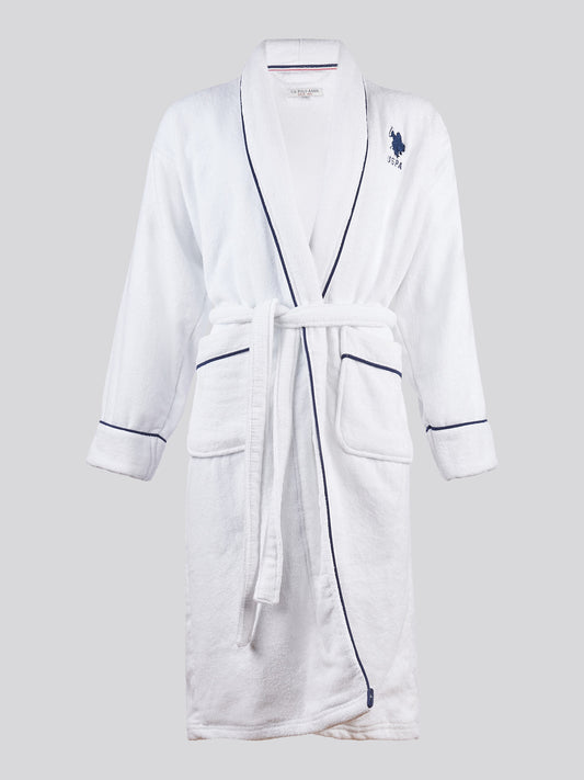 Womens Terry Towelling Piped Bath Robe in Bright White