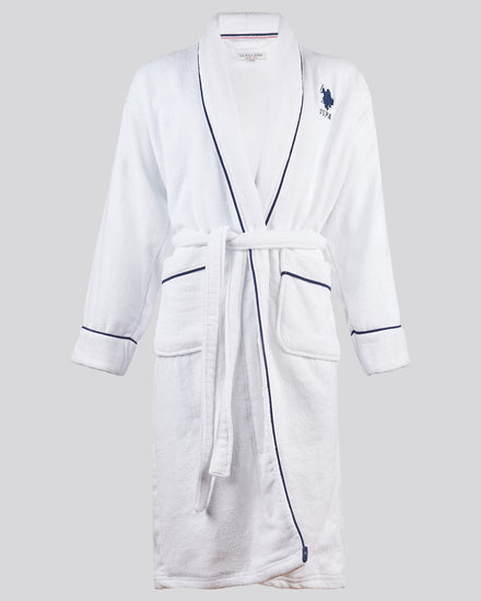 Womens Terry Towelling Piped Bath Robe in Bright White