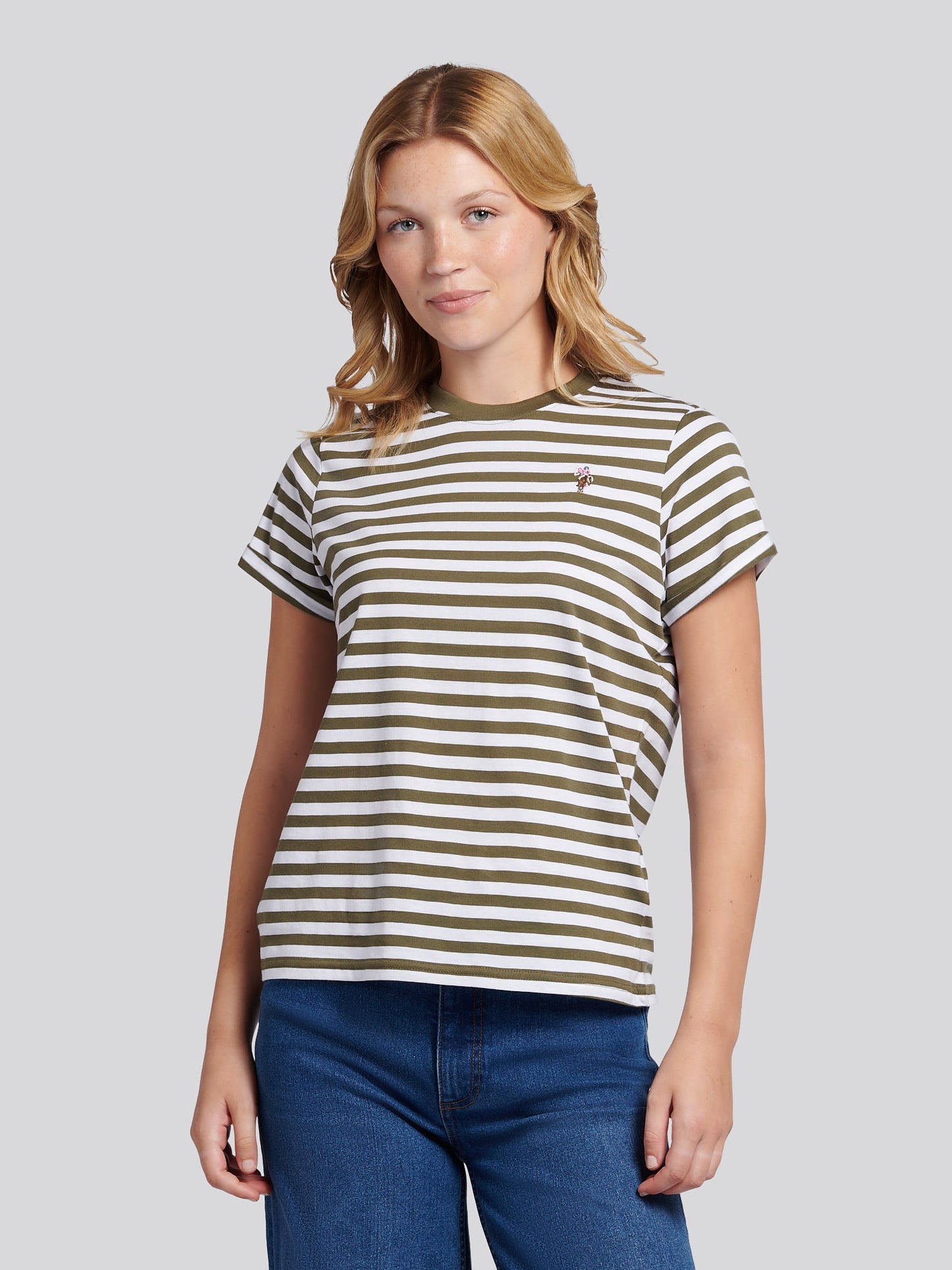 Womens Stripe Crew Neck T-Shirt in Kalamata Green