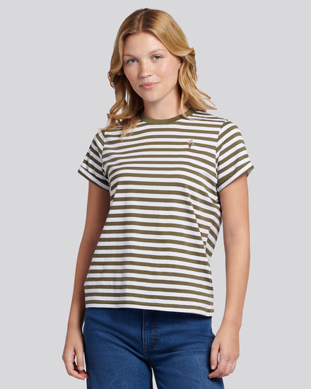 Womens Stripe Crew Neck T-Shirt in Kalamata Green