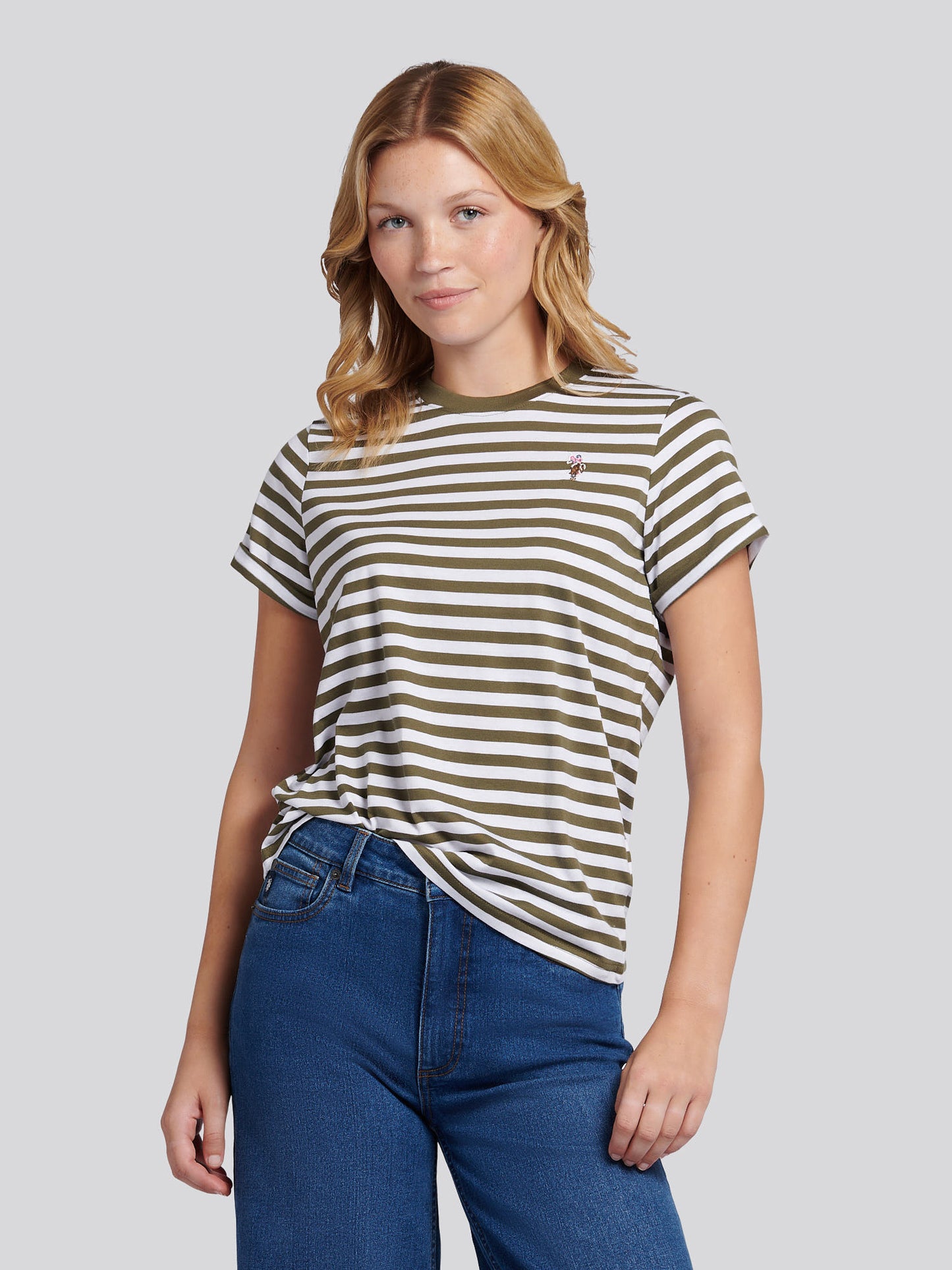 Womens Stripe Crew Neck T-Shirt in Kalamata Green