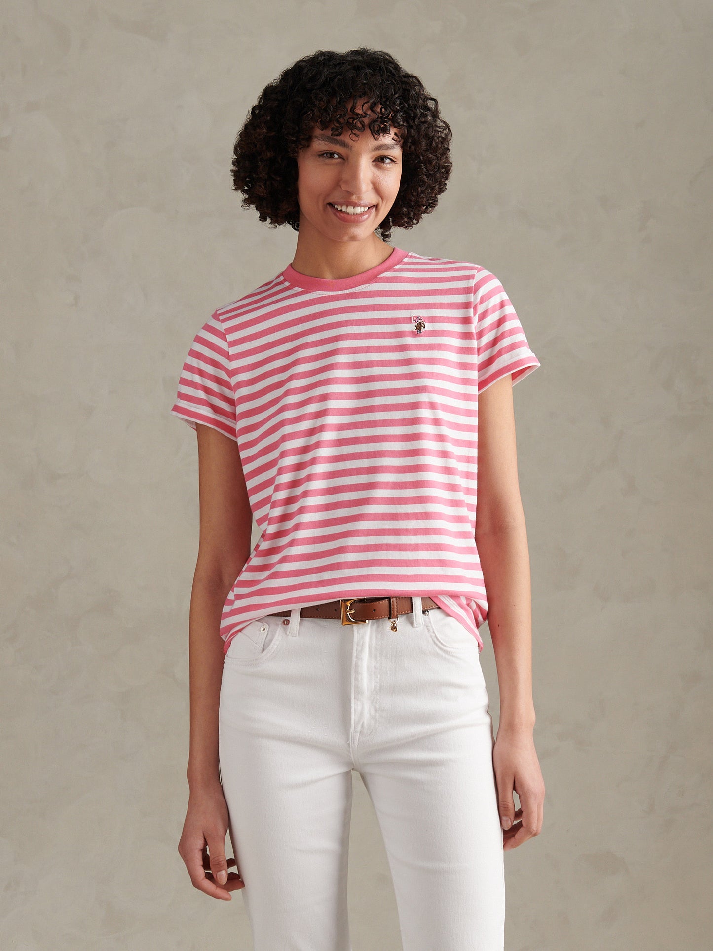Womens Stripe Crew Neck T-Shirt Bubblegum