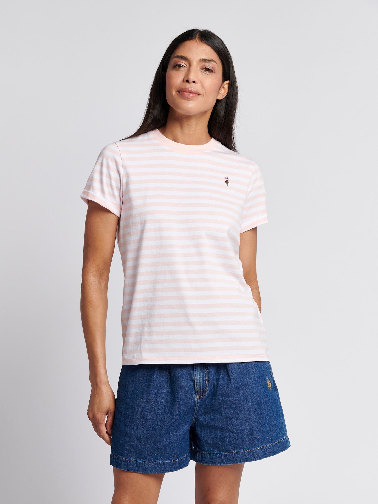 Womens Stripe Crew Neck T-Shirt in Crystal Rose