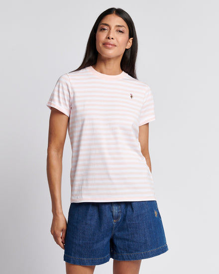 Womens Stripe Crew Neck T-Shirt in Crystal Rose